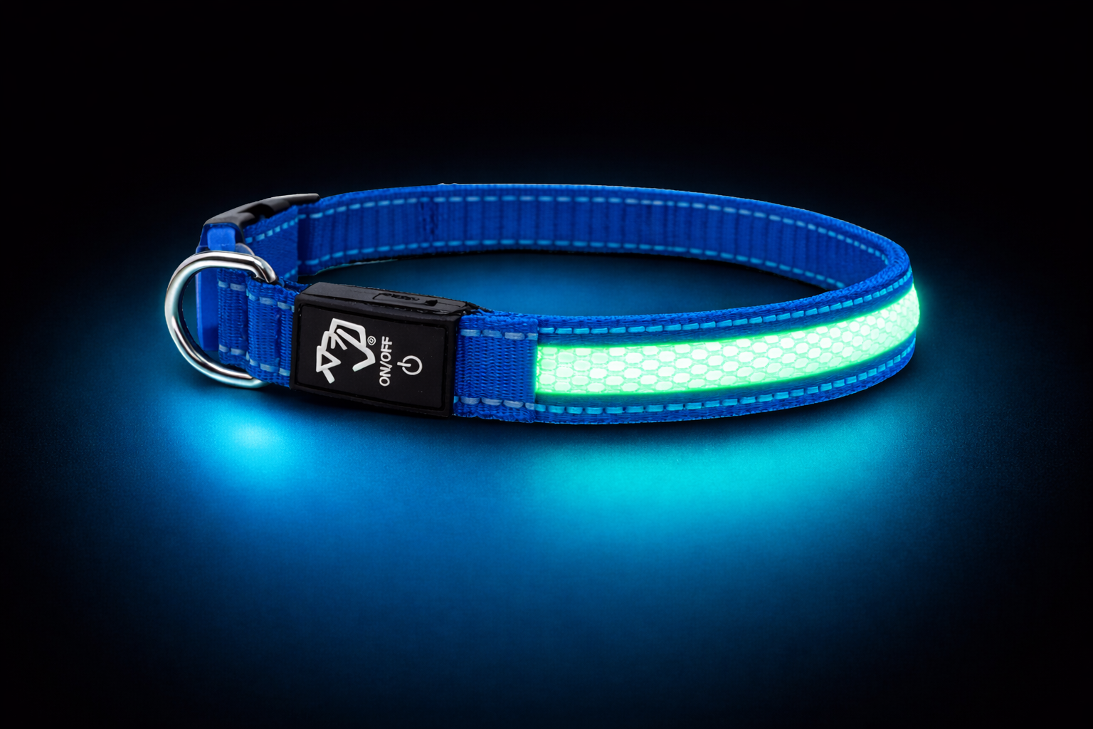 Glowing LED dog collar in the dark